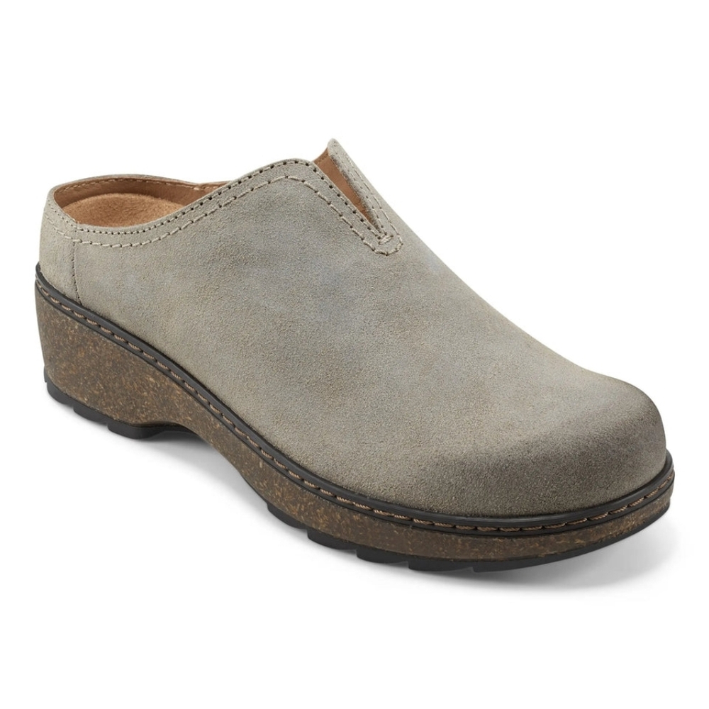 NEW Earth Kolia Round Toe Slip-on Casual Clogs Gray Suede Brown Leather Cork 9 - Picture 2 of 10